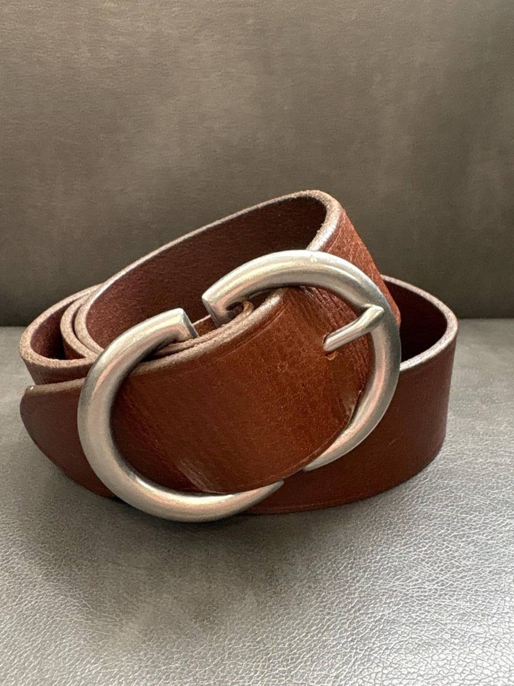 LOFT Brown Leather Belt with Silver Double-Ring Buckle
